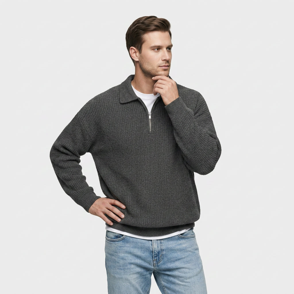 Pull Oversize à Col Polo Zippé en Maille Côtelée pour Homme