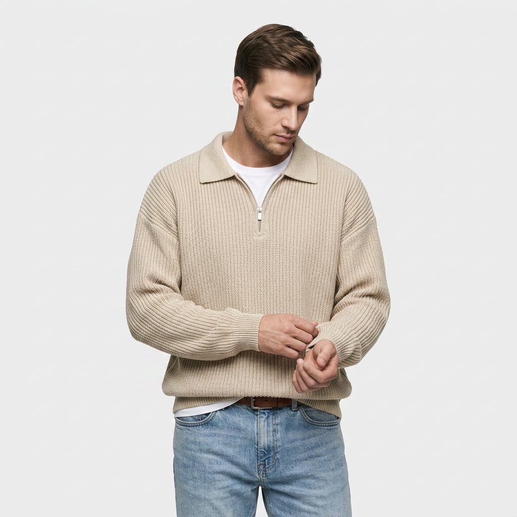 Pull Oversize à Col Polo Zippé en Maille Côtelée pour Homme