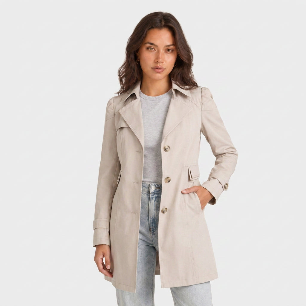 Trench-Coat Mi-Long Cintré à Col Tailleur pour Femme