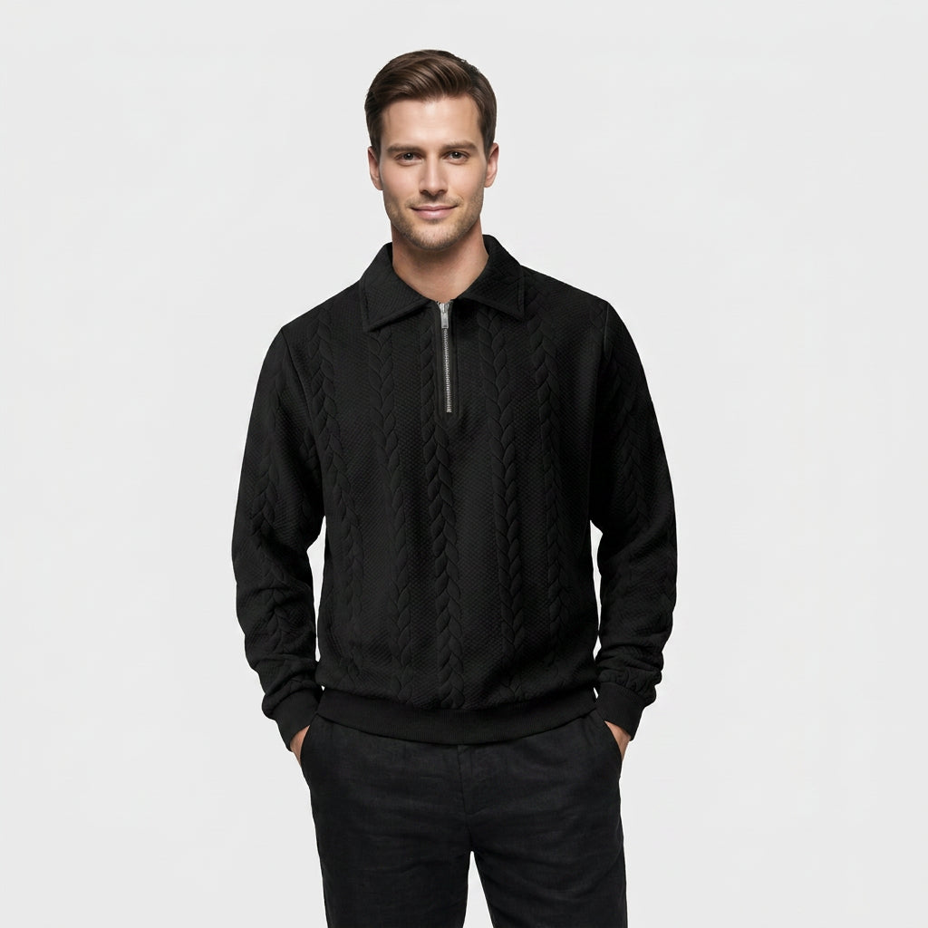 Pull à Col Polo Zippé et Motif Torsadé pour Homme
