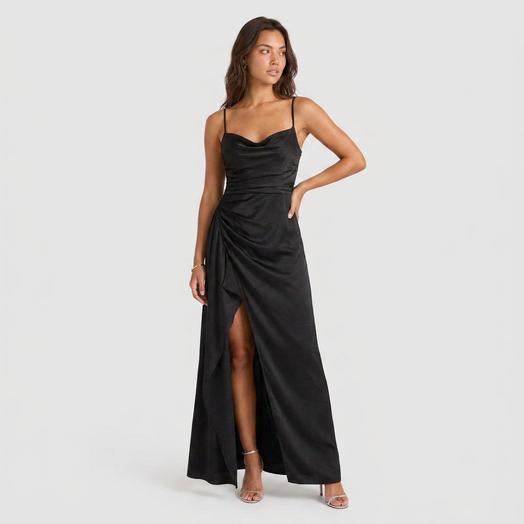 Robe de Soirée Longue en Satin à Fente Volantée pour Femme