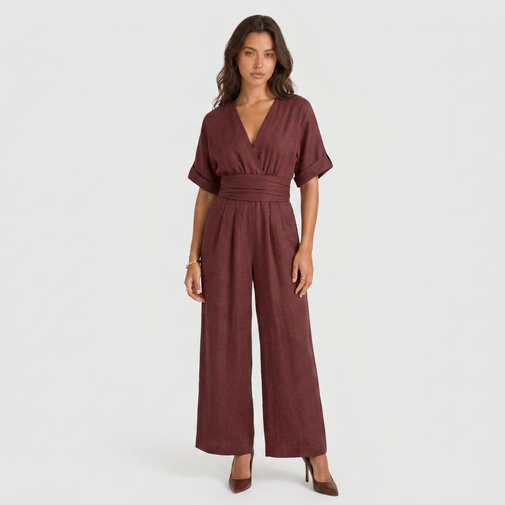 Combinaison Longue à Aspect Lin et Taille Nouée pour Femme