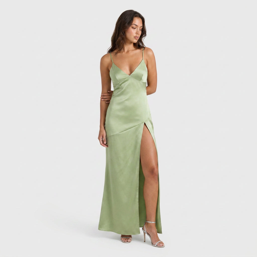Robe de Soirée Longue en Satin à Fente pour Femme