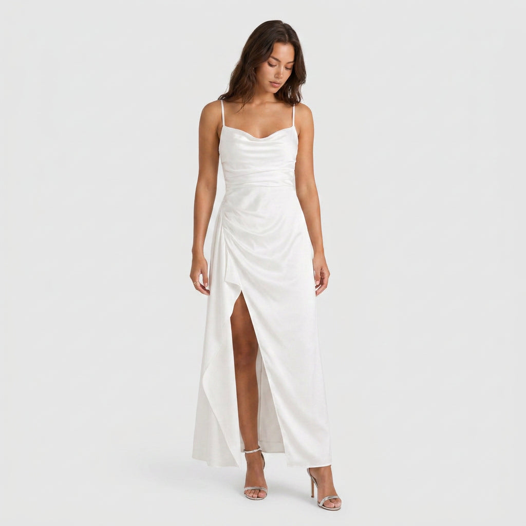 Robe de Soirée Longue en Satin à Fente Volantée pour Femme