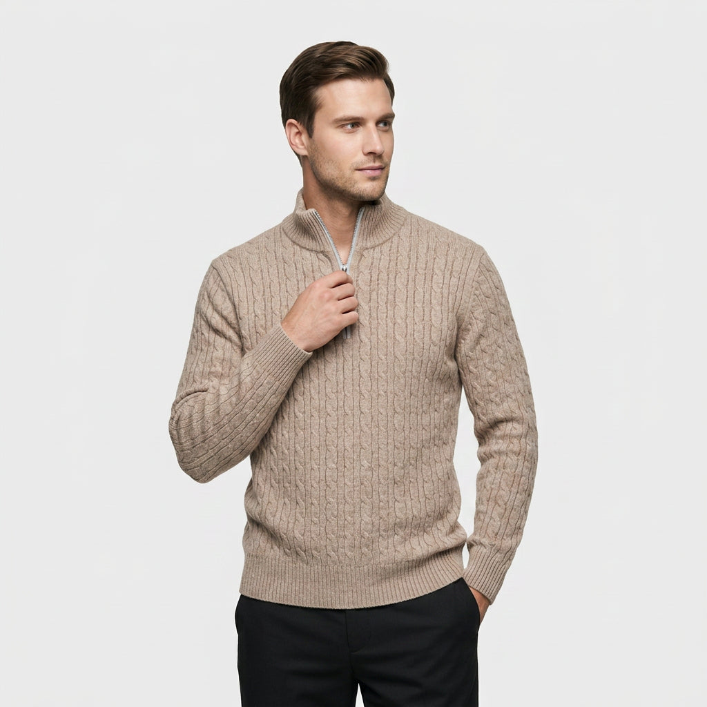 Pull en Maille Torsadée à Col Zippé pour Homme