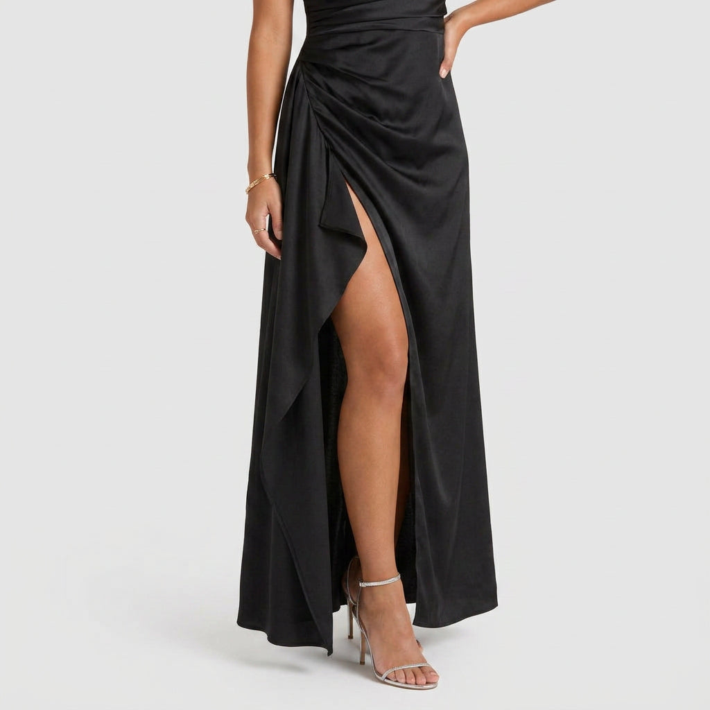 Robe de Soirée Longue en Satin à Fente Volantée pour Femme