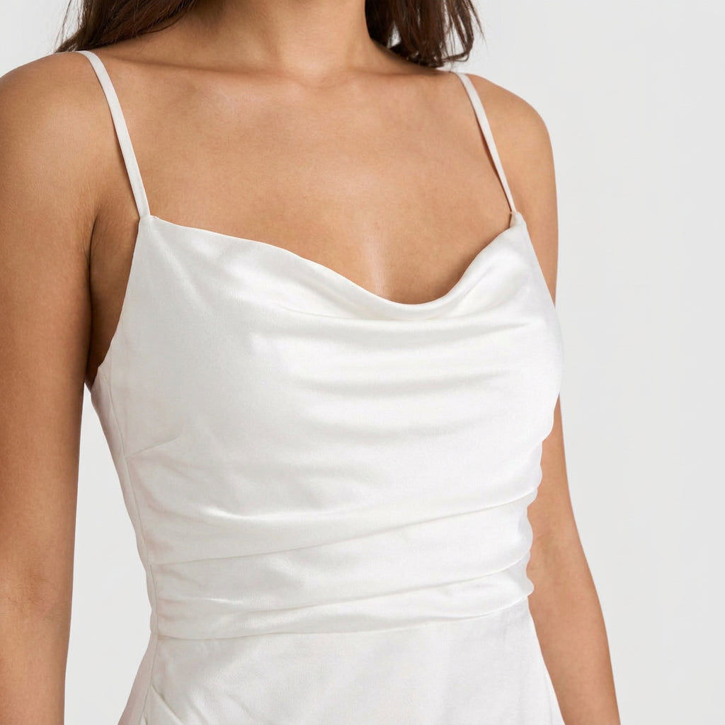 Robe de Soirée Longue en Satin à Fente Volantée pour Femme