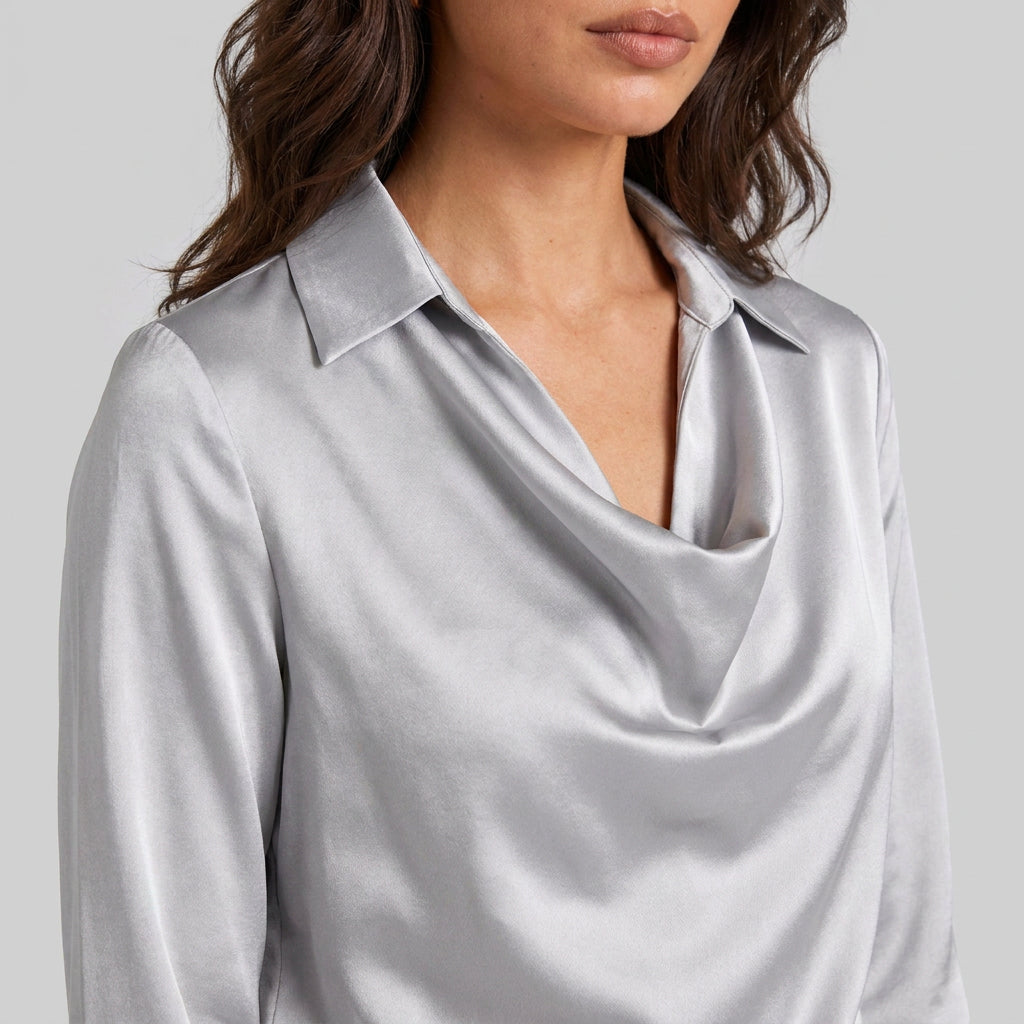 Blouse en Satin à Col Chemisier Drapé pour Femme