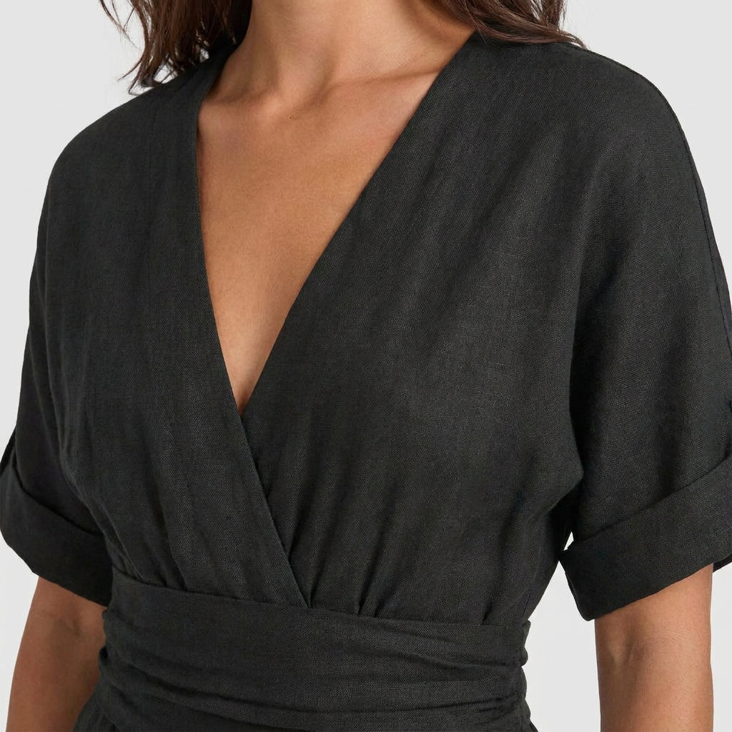 Combinaison Longue à Aspect Lin et Taille Nouée pour Femme