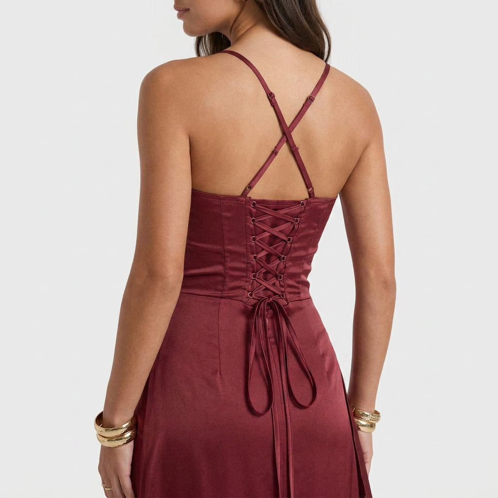 Robe de Soirée Longue en Satin à Fente Volantée pour Femme