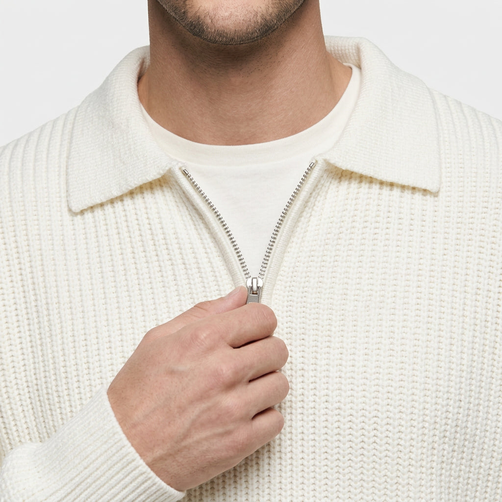 Pull Oversize à Col Polo Zippé en Maille Côtelée pour Homme
