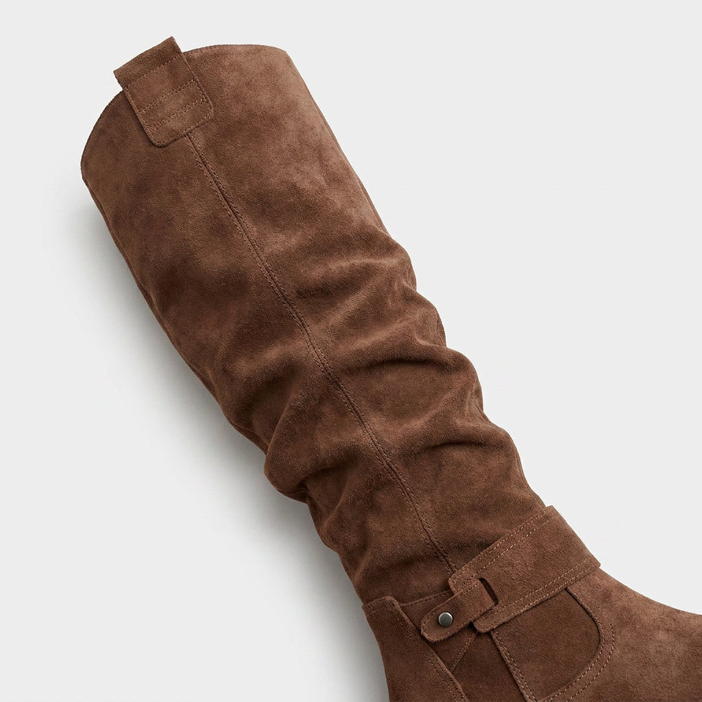 Bottes Hautes en Daim à Tige Froncée pour Femme