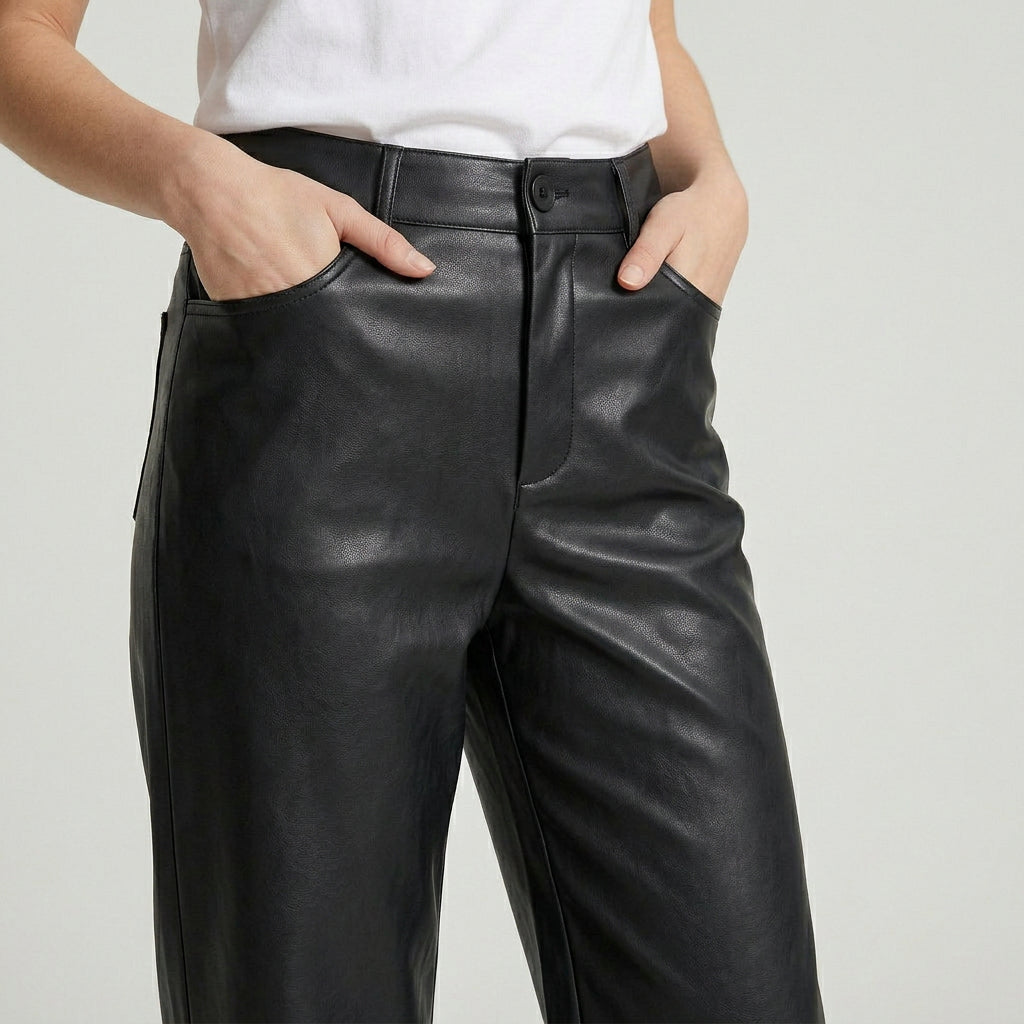 Pantalon Cuir Synthétique Taille Haute Coupe Ajustée pour Femme