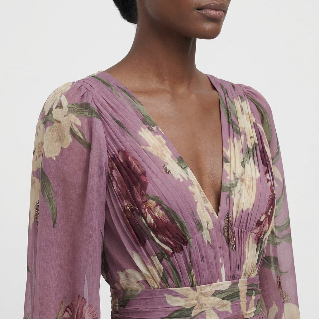 Robe Maxi Imprimée Manches Longues Coupe Fluide pour Femme