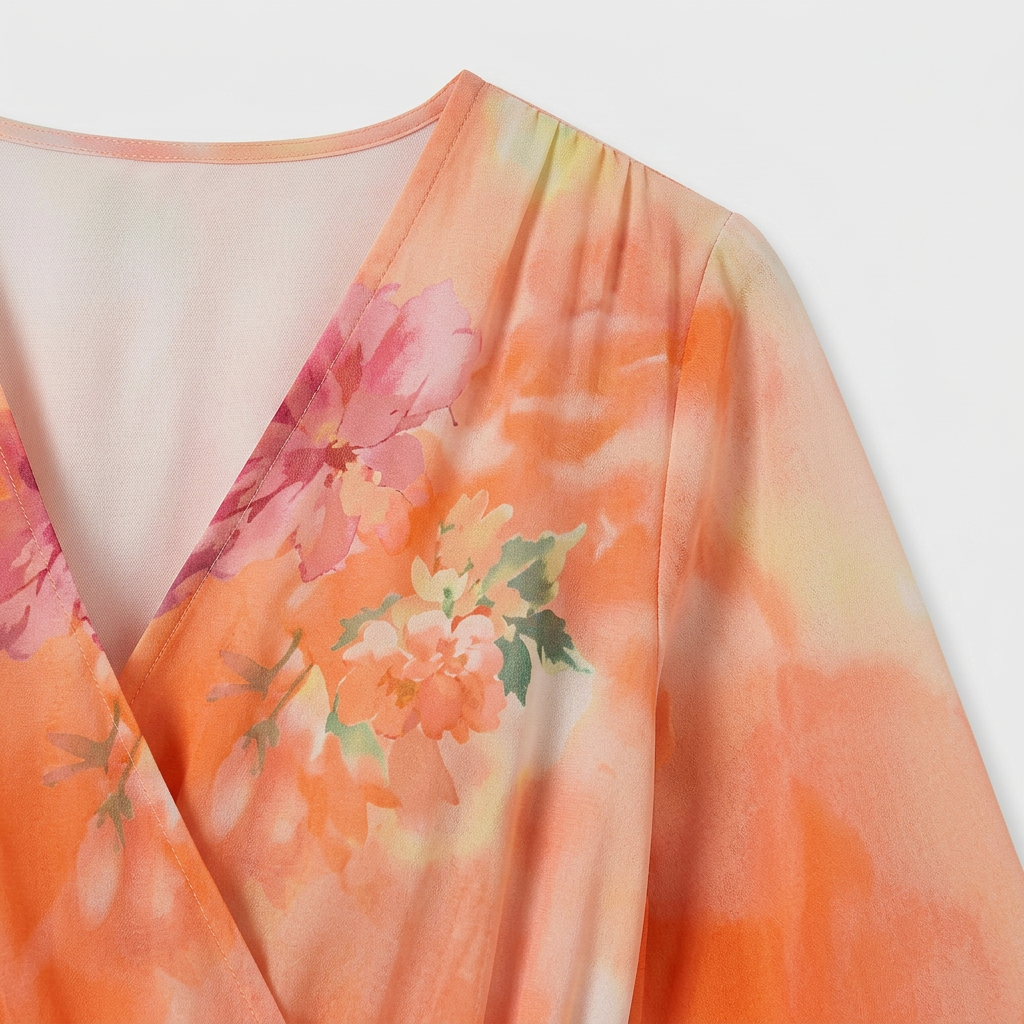 Robe Maxi Florale Col V Manches Longues Étagée pour Femme