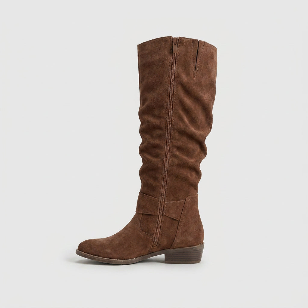 Bottes Hautes en Daim à Tige Froncée pour Femme