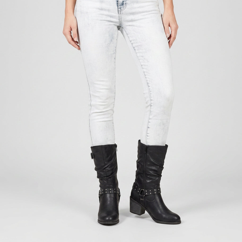 Bottes Motardes à Mi-Mollet à Brides Cloutées pour Femme
