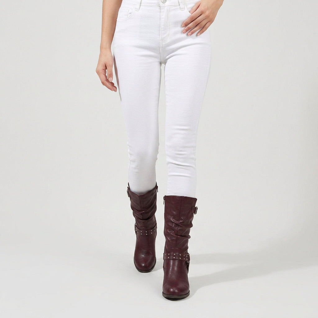 Bottes Motardes à Mi-Mollet à Brides Cloutées pour Femme