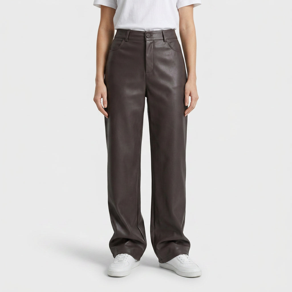 Pantalon Cuir Synthétique Taille Haute Coupe Ajustée pour Femme