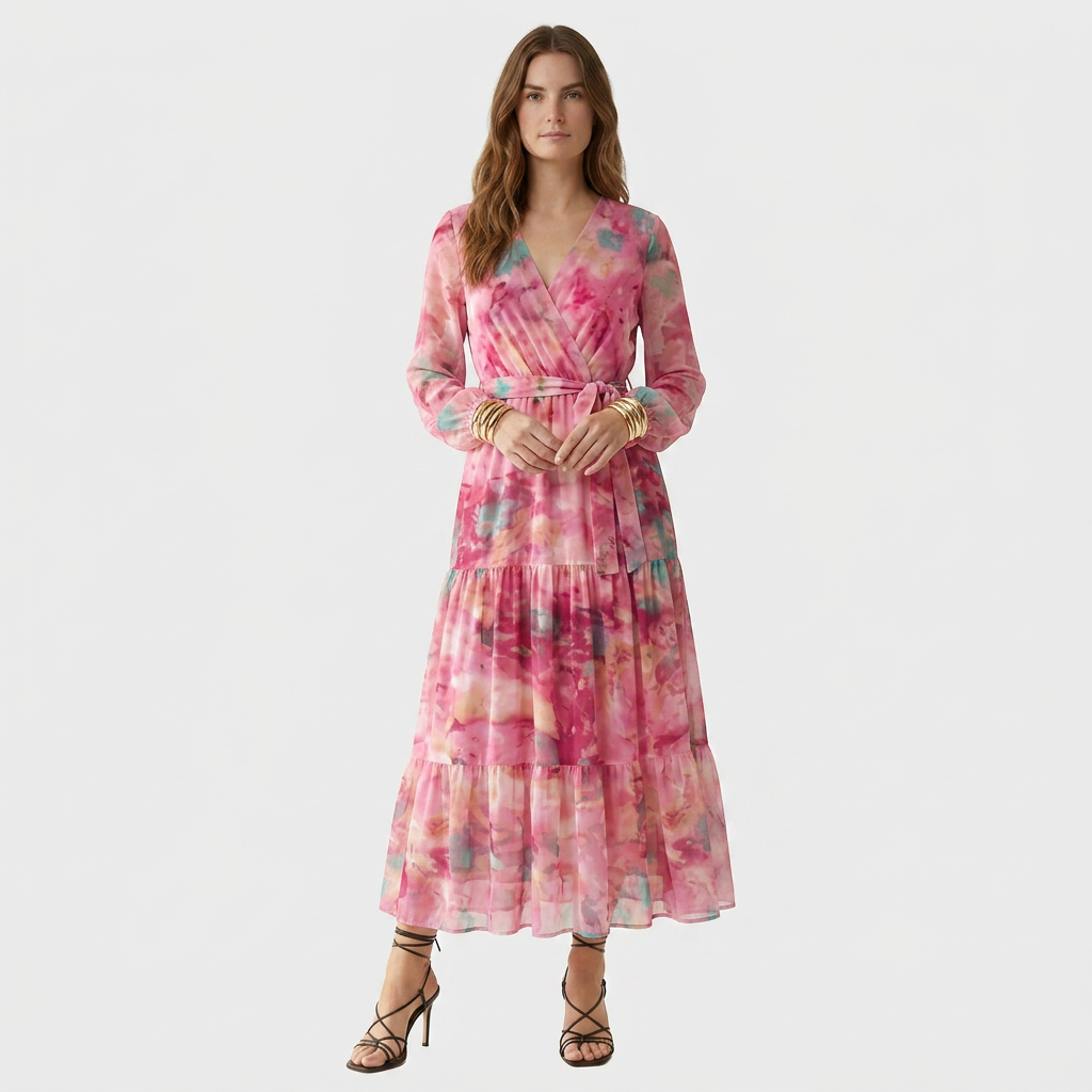 Robe Maxi Florale Col V Manches Longues Étagée pour Femme