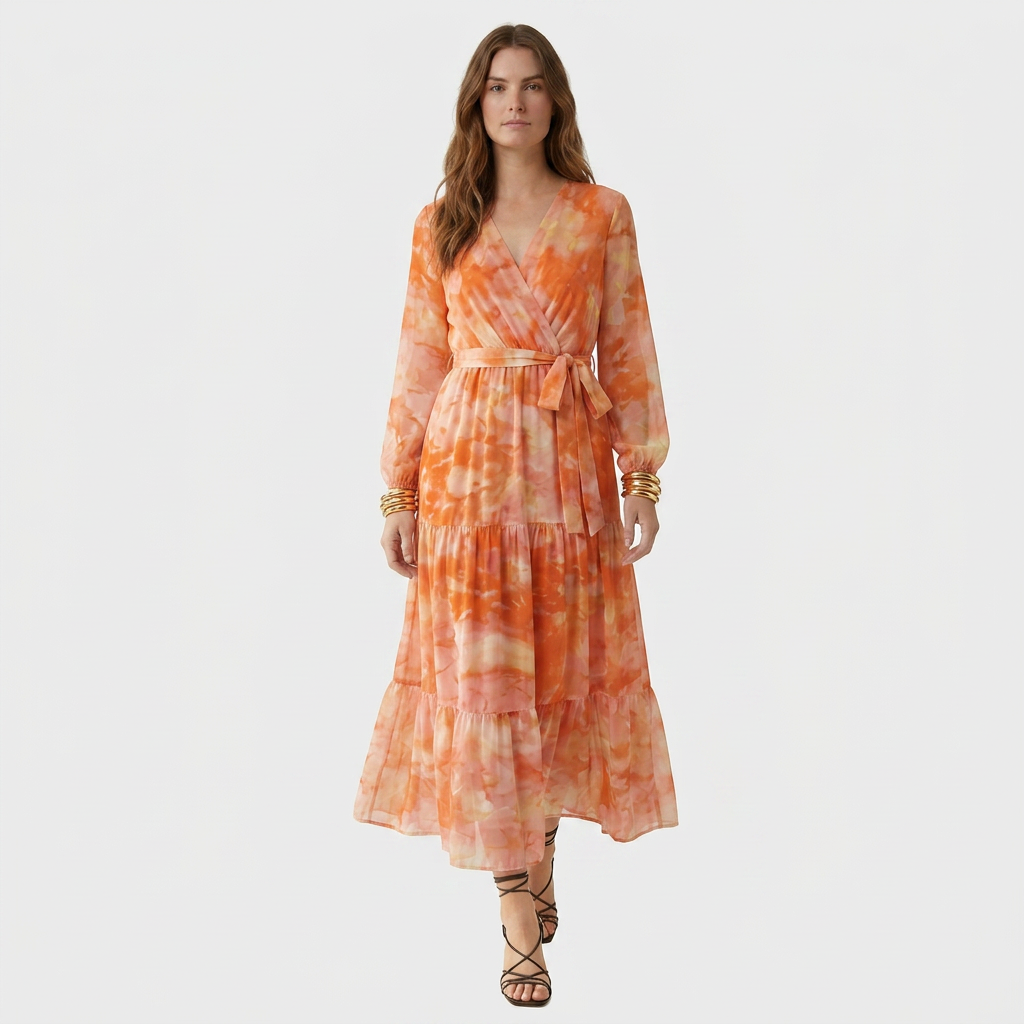 Robe Maxi Florale Col V Manches Longues Étagée pour Femme
