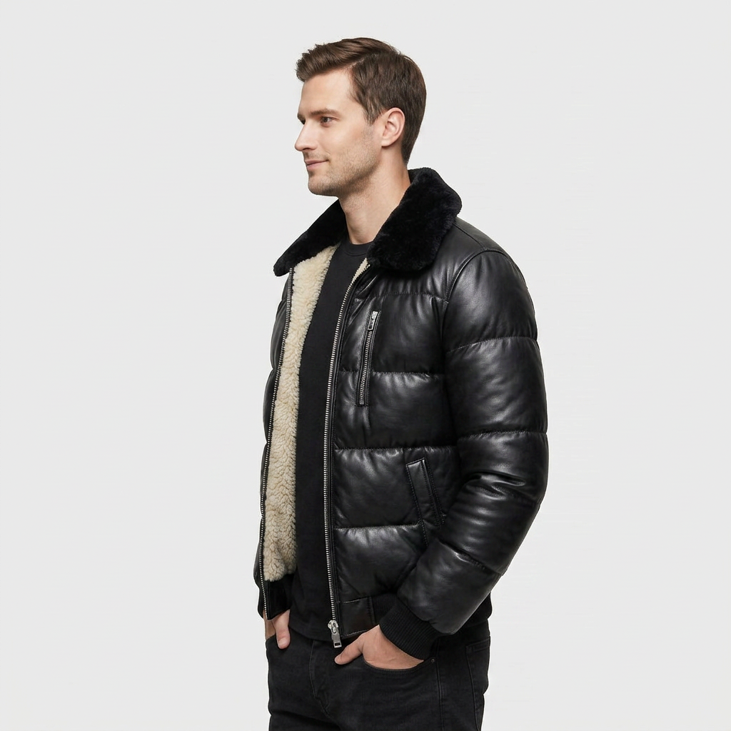 Doudoune Matelassée Brillante Col Fourrure pour Homme