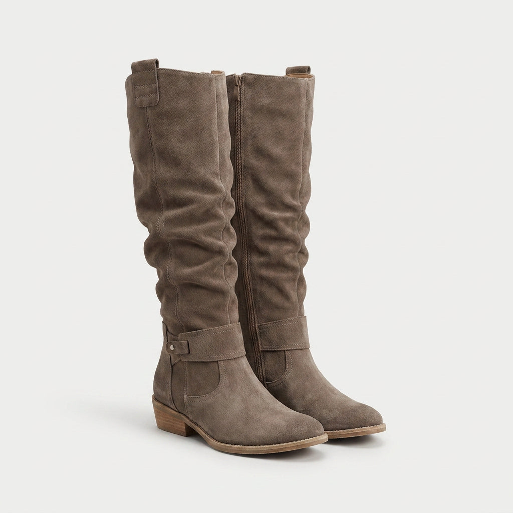 Bottes Hautes en Daim à Tige Froncée pour Femme