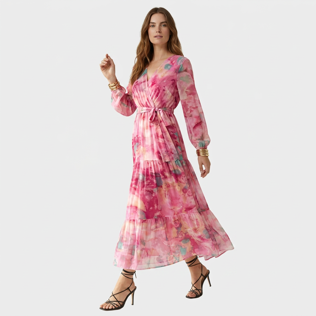 Robe Maxi Florale Col V Manches Longues Étagée pour Femme