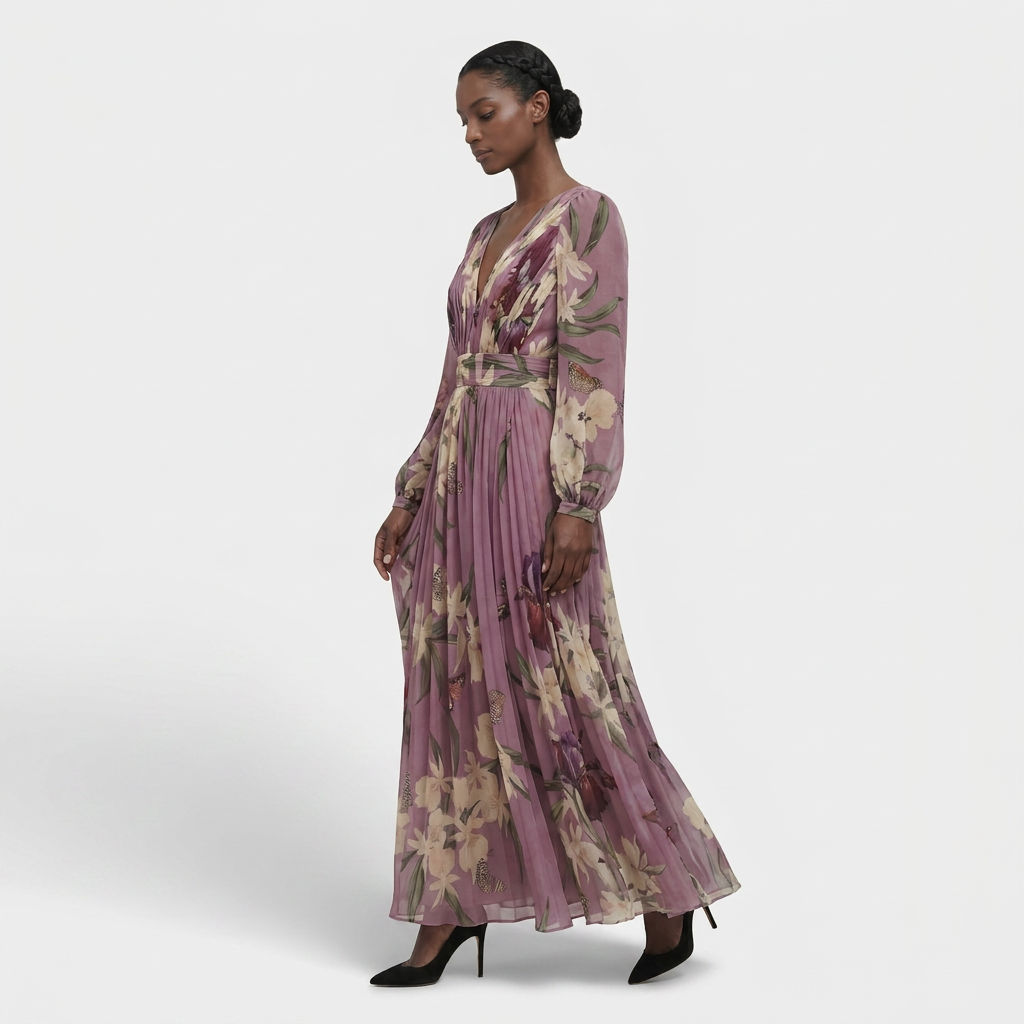 Robe Maxi Imprimée Manches Longues Coupe Fluide pour Femme