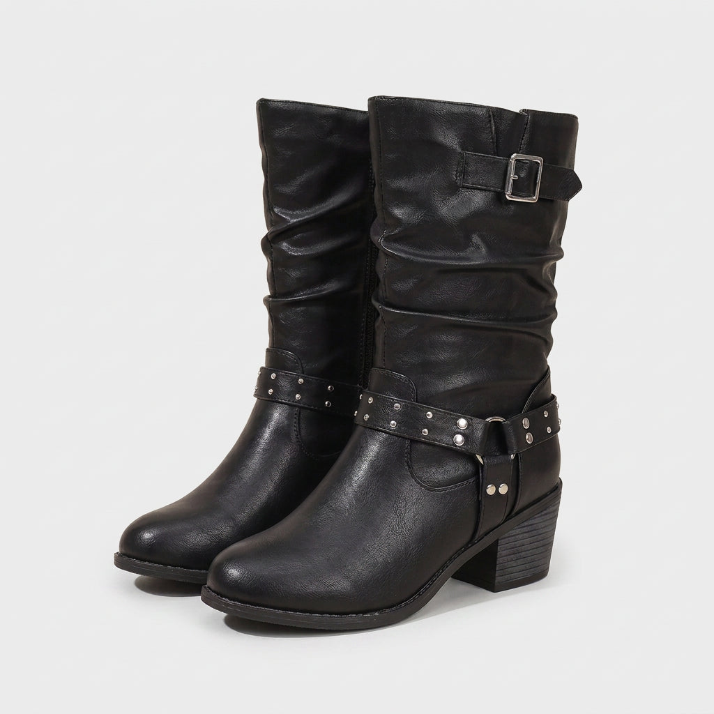 Bottes Motardes à Mi-Mollet à Brides Cloutées pour Femme