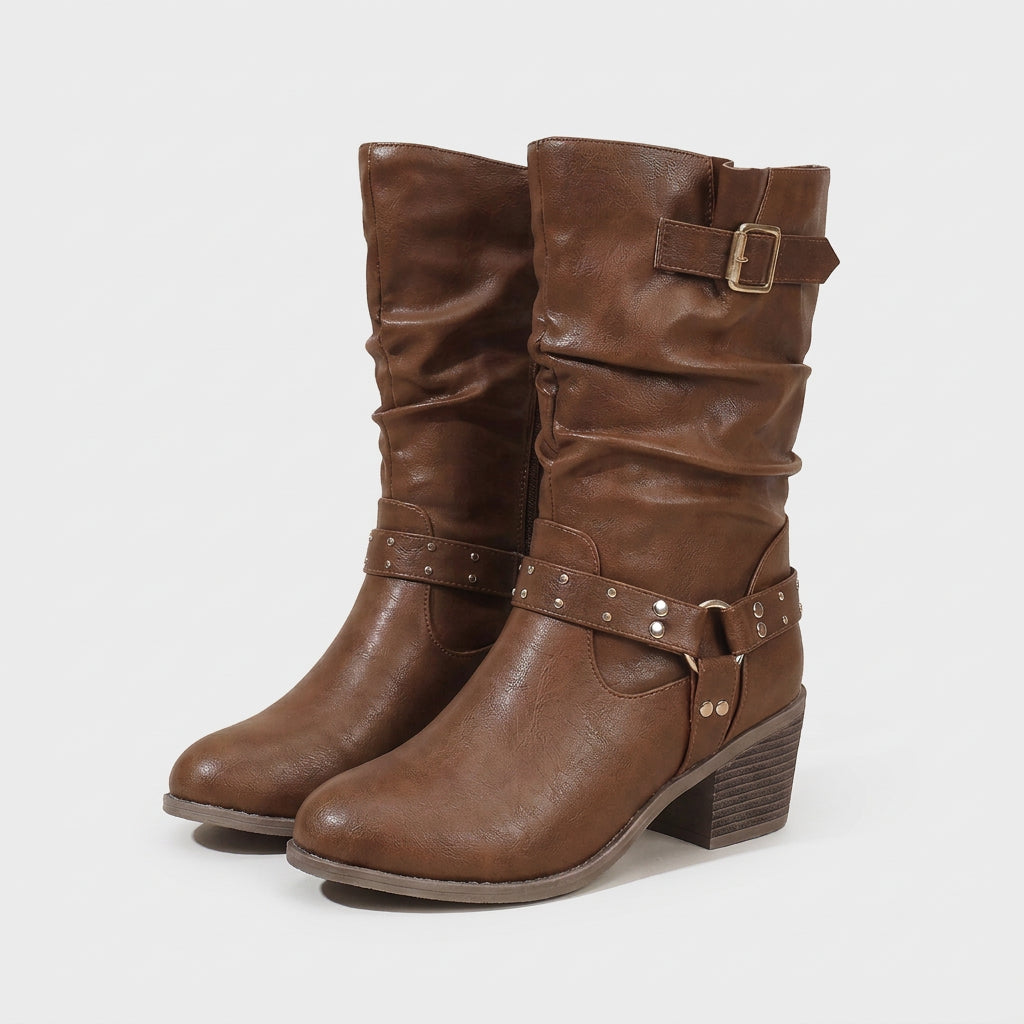 Bottes Motardes à Mi-Mollet à Brides Cloutées pour Femme