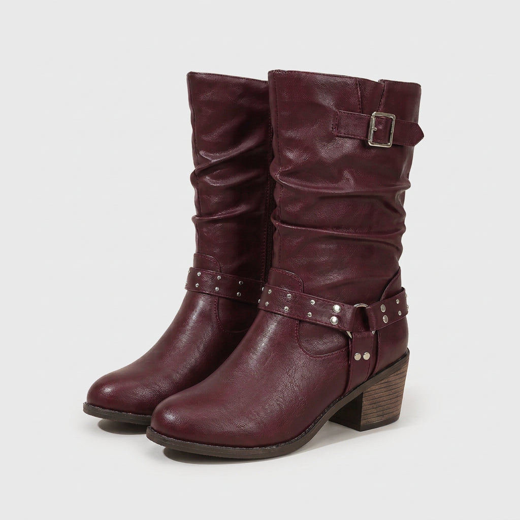 Bottes Motardes à Mi-Mollet à Brides Cloutées pour Femme