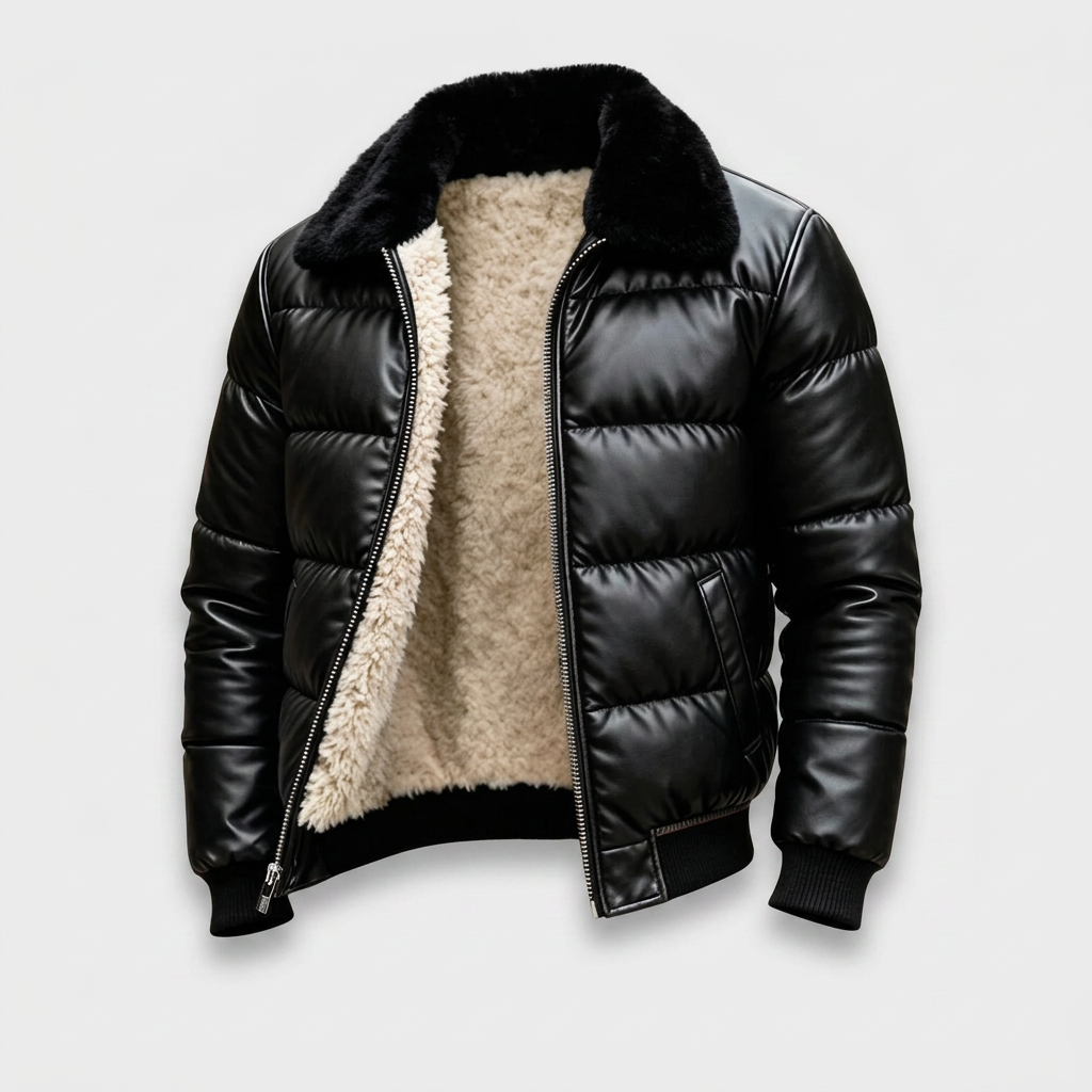 Doudoune Matelassée Brillante Col Fourrure pour Homme