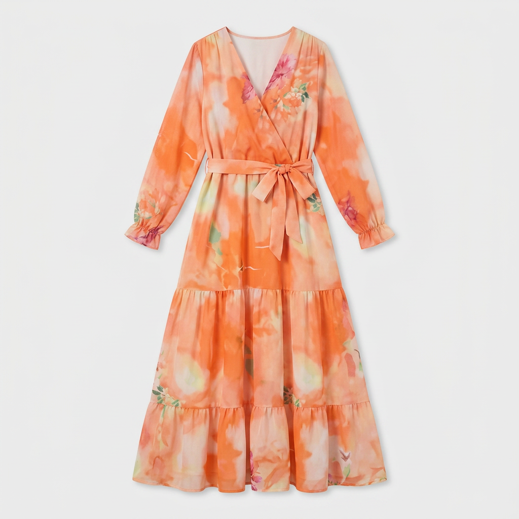 Robe Maxi Florale Col V Manches Longues Étagée pour Femme