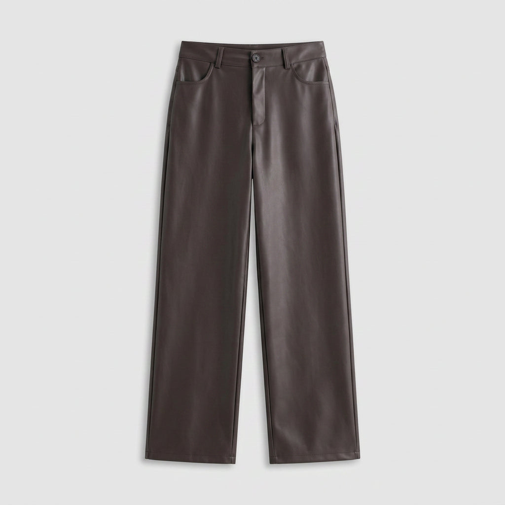 Pantalon Cuir Synthétique Taille Haute Coupe Ajustée pour Femme