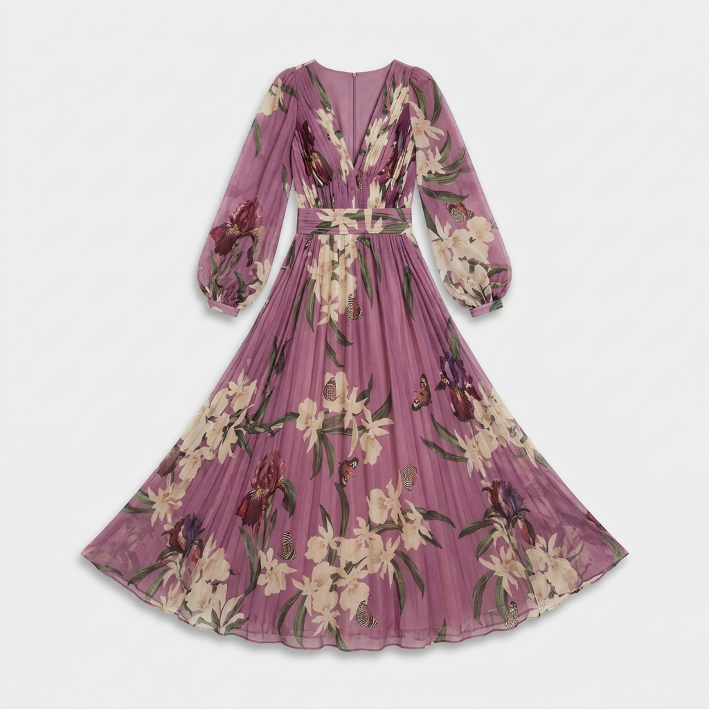 Robe Maxi Imprimée Manches Longues Coupe Fluide pour Femme