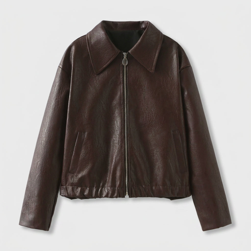 Veste Courte à l'Aspect Cuir et Col Chemise pour Femme