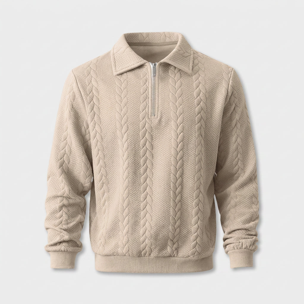 Pull à Col Polo Zippé et Motif Torsadé pour Homme