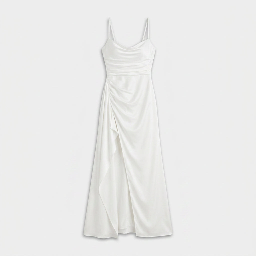 Robe de Soirée Longue en Satin à Fente Volantée pour Femme