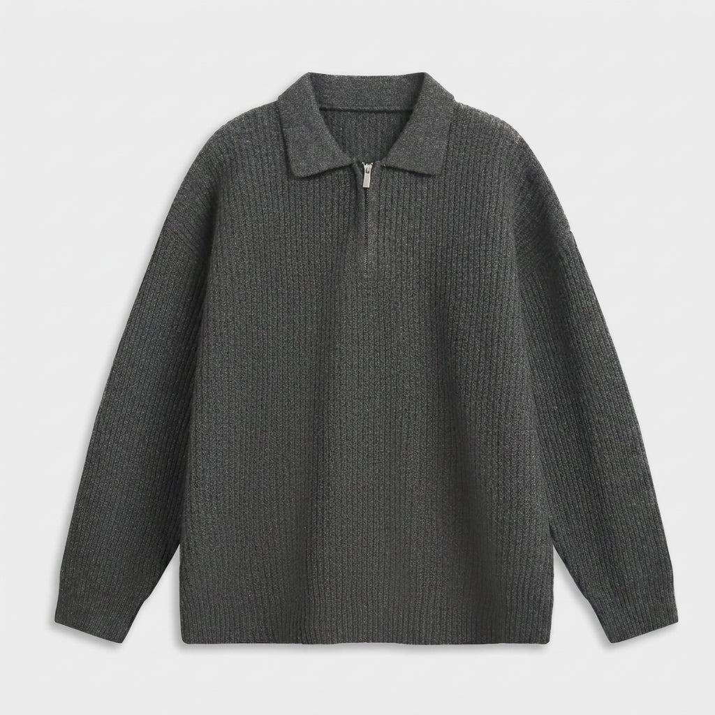Pull Oversize à Col Polo Zippé en Maille Côtelée pour Homme