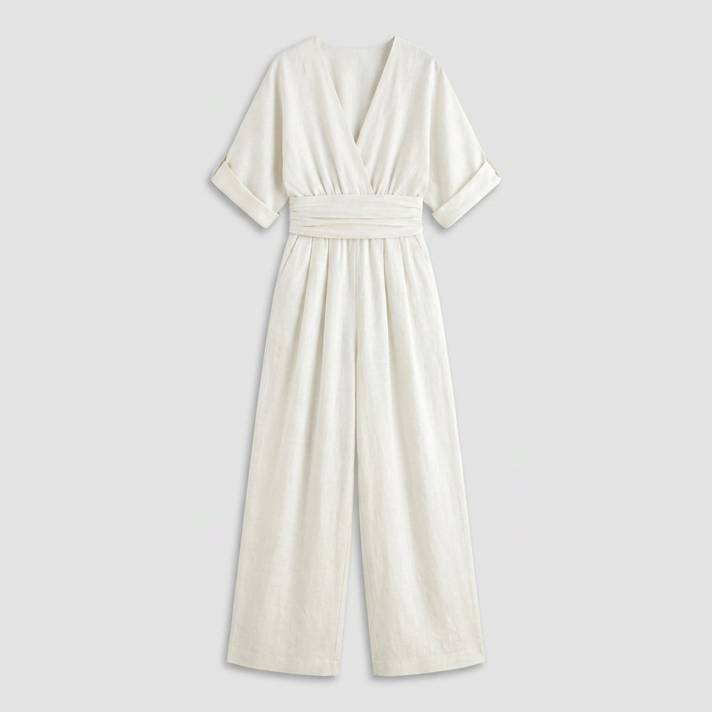 Combinaison Longue à Aspect Lin et Taille Nouée pour Femme