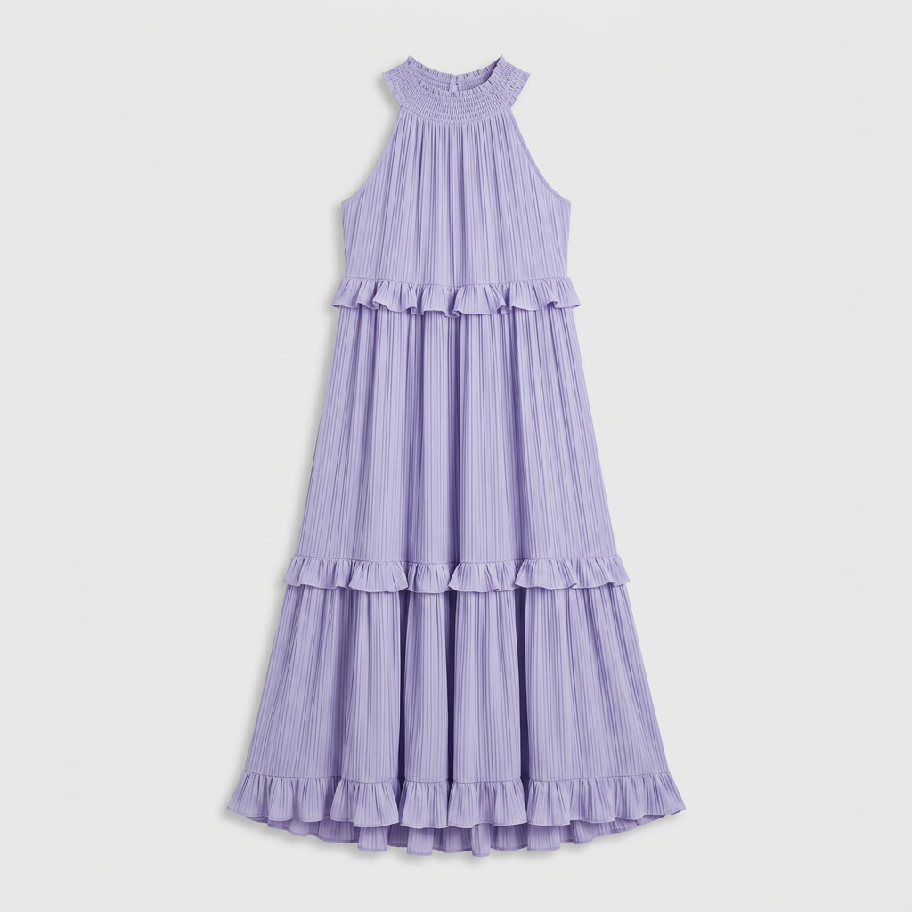 Robe Maxi Col Halter Plissée Volants Étagés Pour Femme