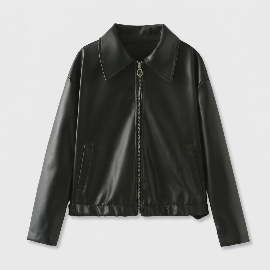 Veste Courte à l'Aspect Cuir et Col Chemise pour Femme