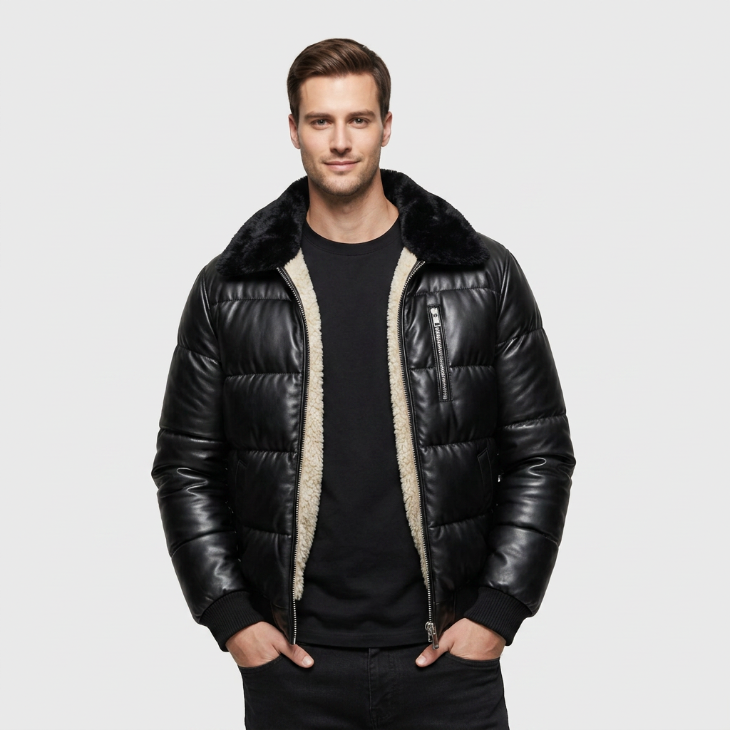 Doudoune Matelassée Brillante Col Fourrure pour Homme